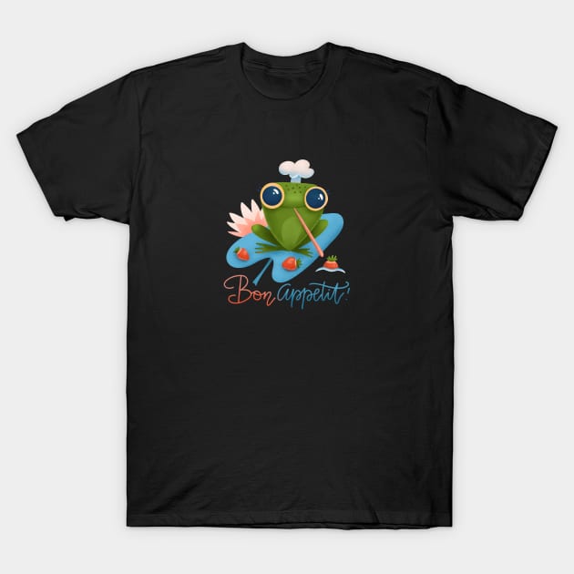 Cute Frog Holds Strawberries Cartoon, Bon Appetit T-Shirt by Protshirtdesign